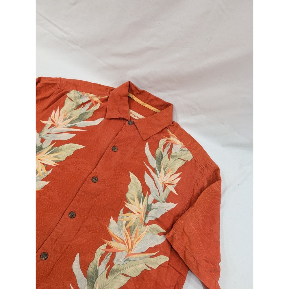 Tommy Bahama Men's Size Medium Silk Shirt Orange Tropical Hawaiian Palm Leaves